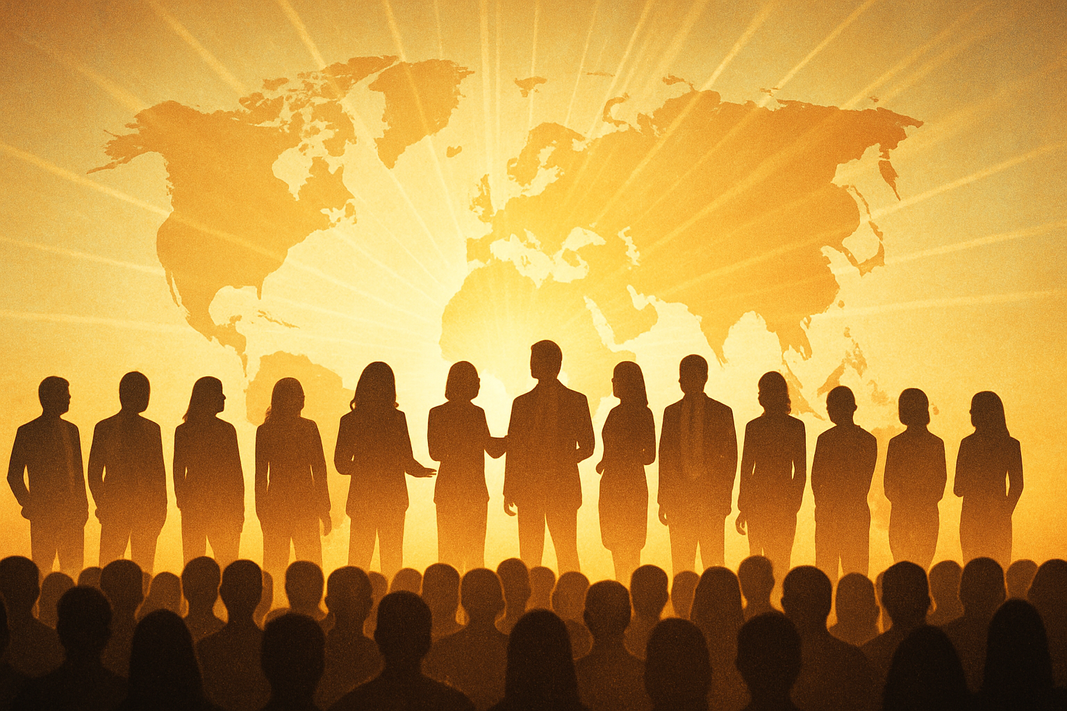 A global community of leaders united under a world map